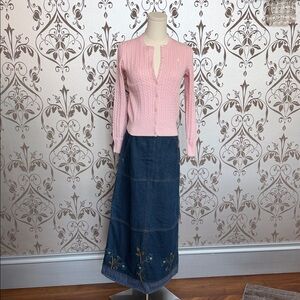 Polo Ralph Lauren Pink Cable Knit Cardigan and Blue Denim Embroidered Skirt Set.